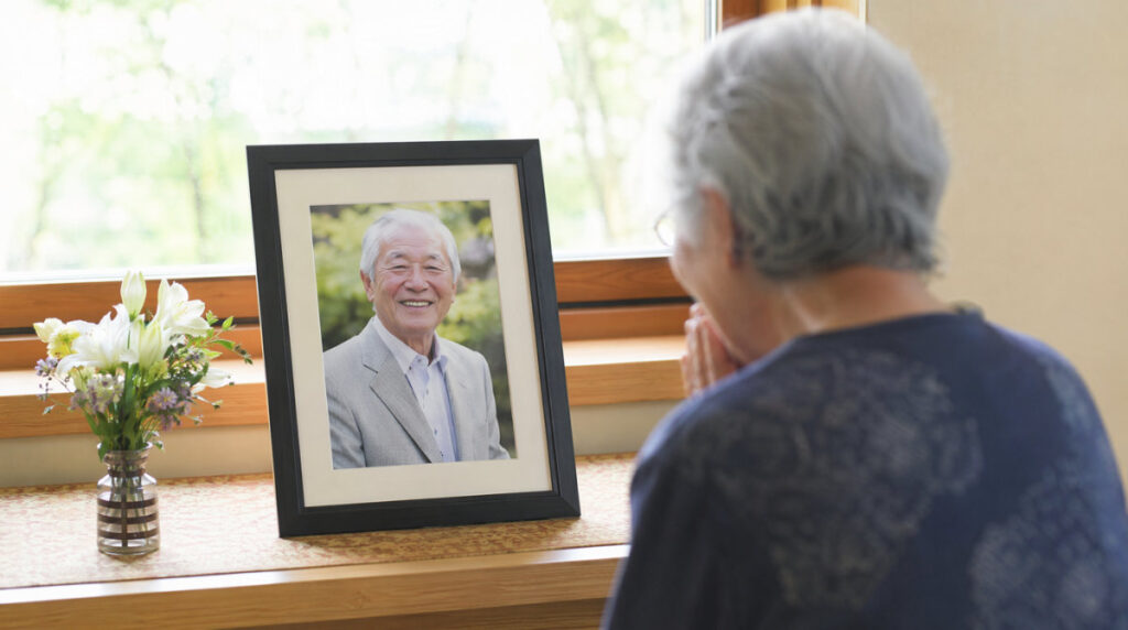 夫の遺影に話しかける老婆